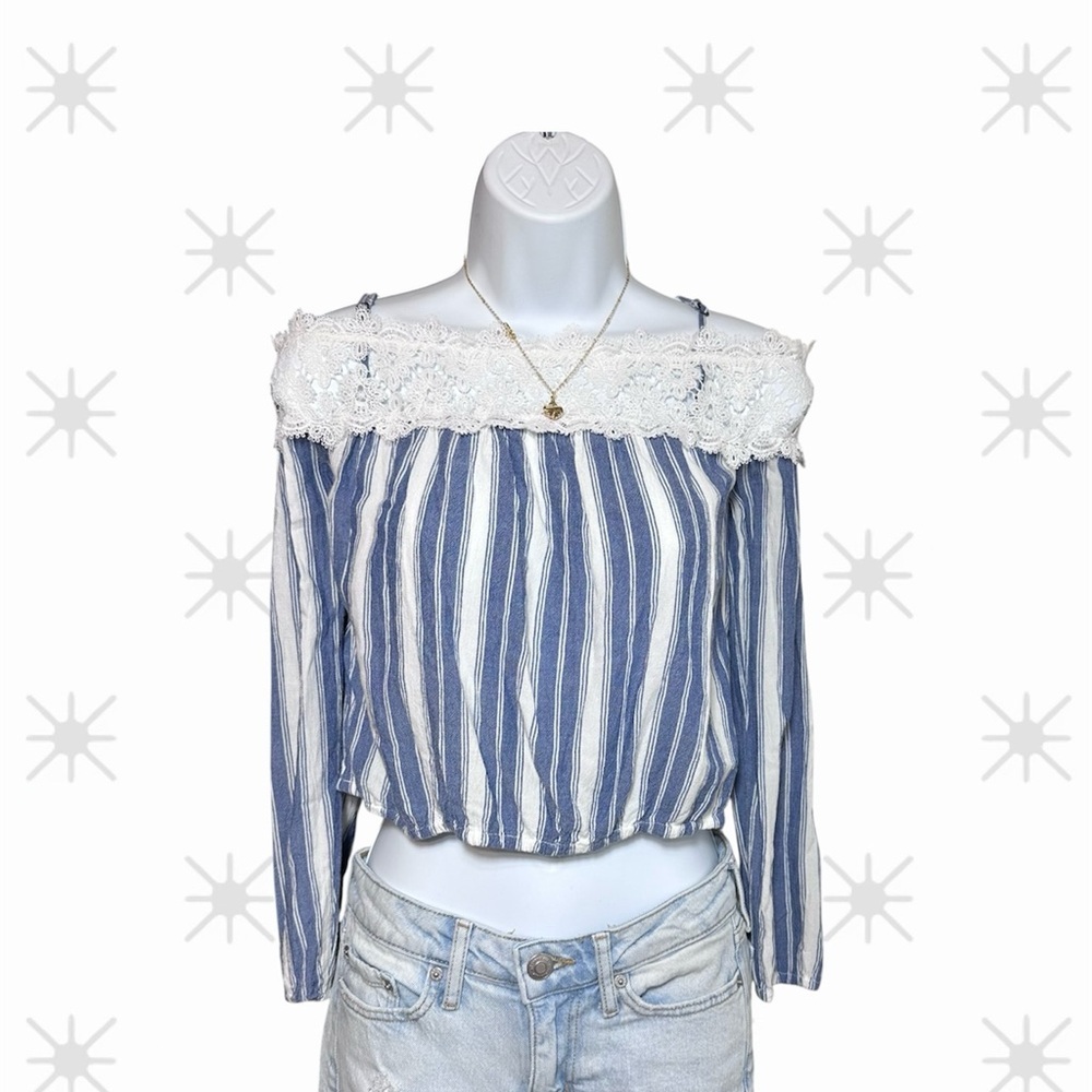 Hollister Size XS Boho Striped Off Shoulder Lace Trim Blouse Long Sleeve Top